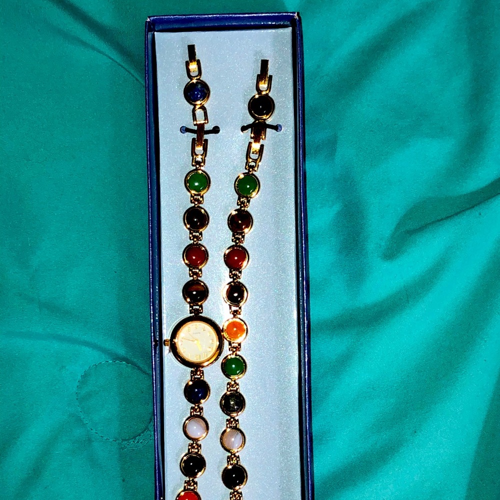 Gold Multi Color Stone Watch and Bracelet Set